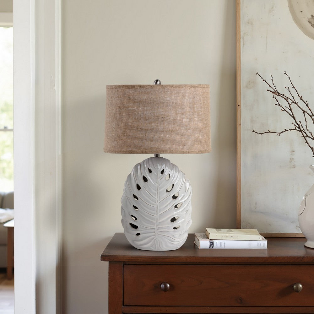 Table Lamp w Nightlight | Brown Burlap Shade | Pierced Leaf Ceramic Base