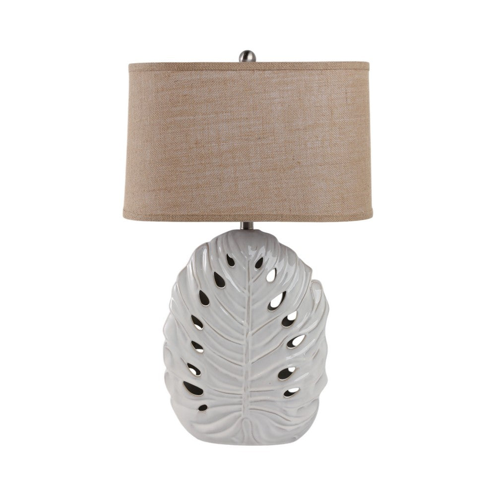 Table Lamp w Nightlight | Brown Burlap Shade | Pierced Leaf Ceramic Base