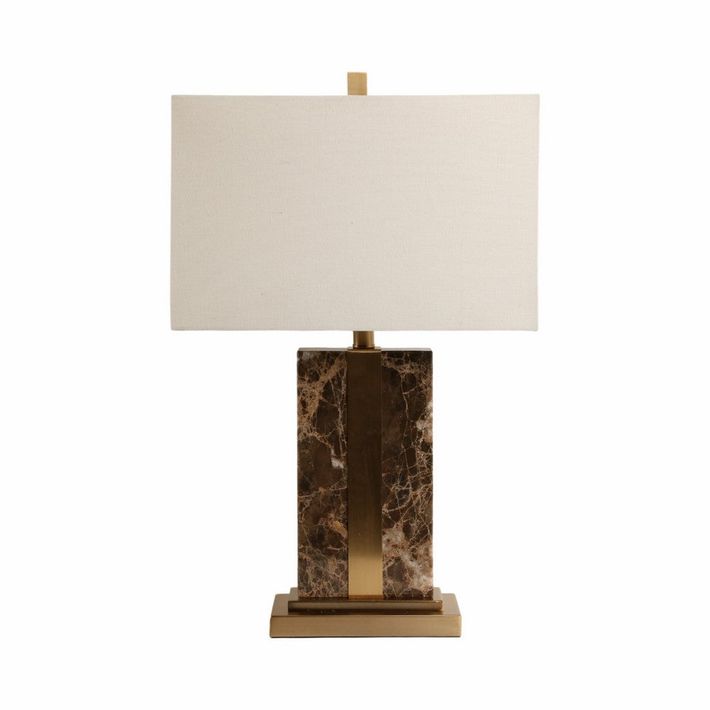 Table Lamp | Off White Linen Shade | Brown Marble| Brass Accent | 26"