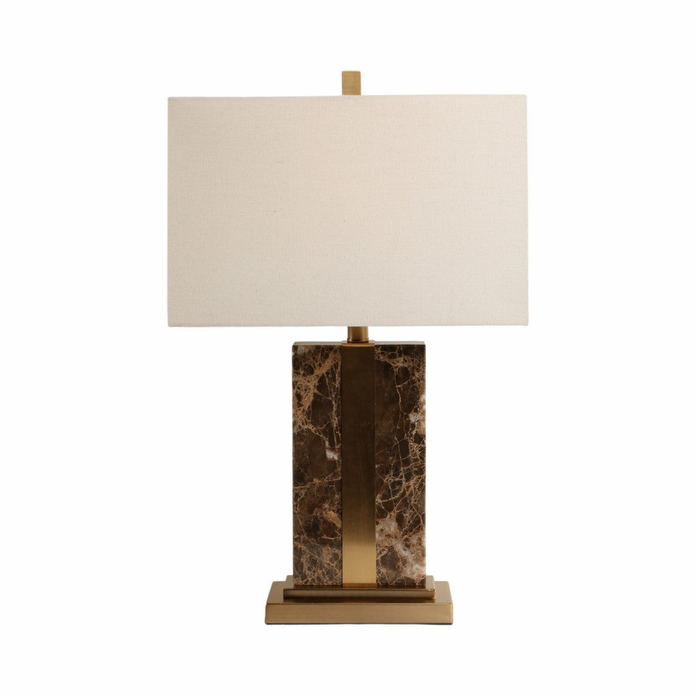 Table Lamp | Off White Linen Shade | Brown Marble| Brass Accent | 26"