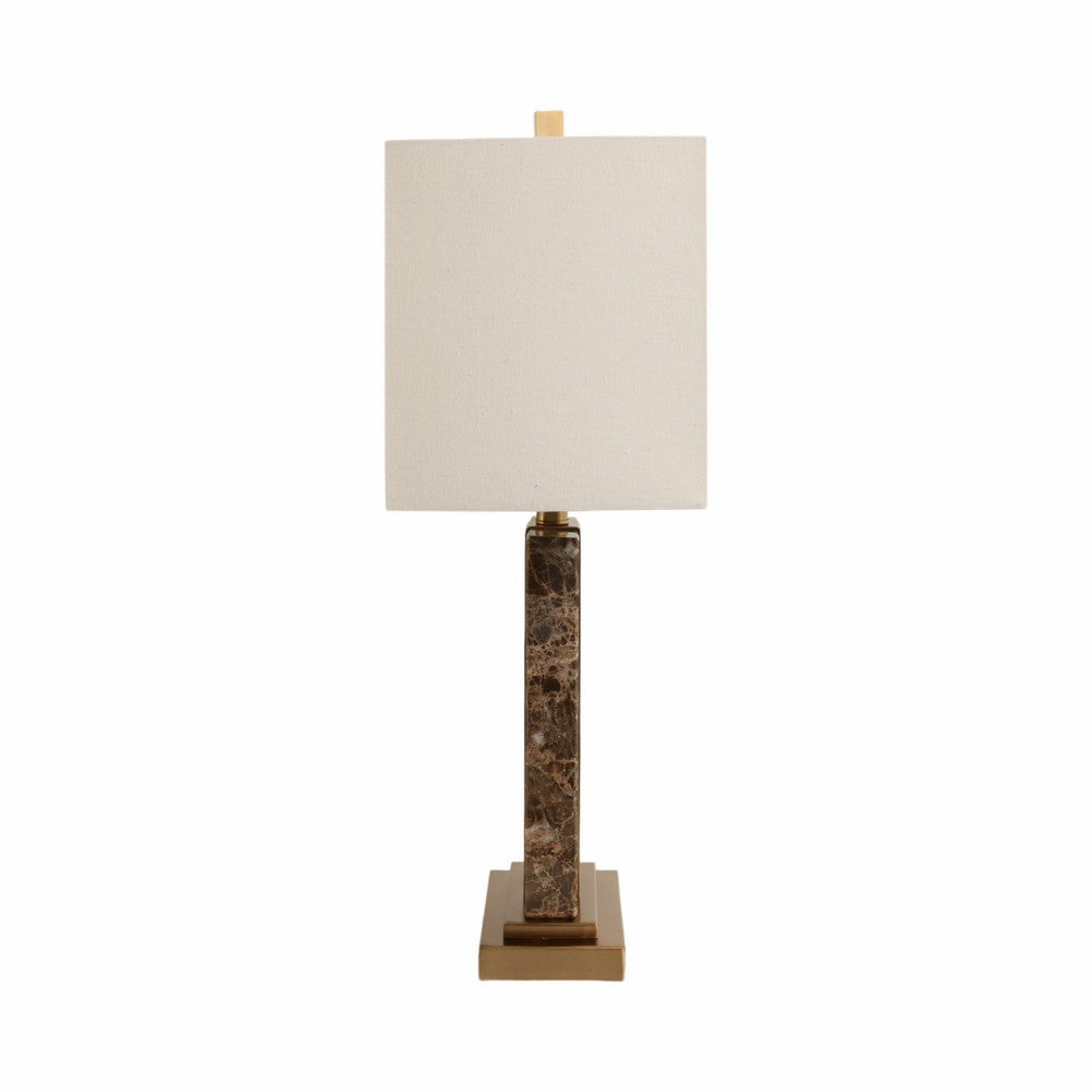 Table Lamp | Off White Linen Shade | Brown Marble| Brass Accent | 26"