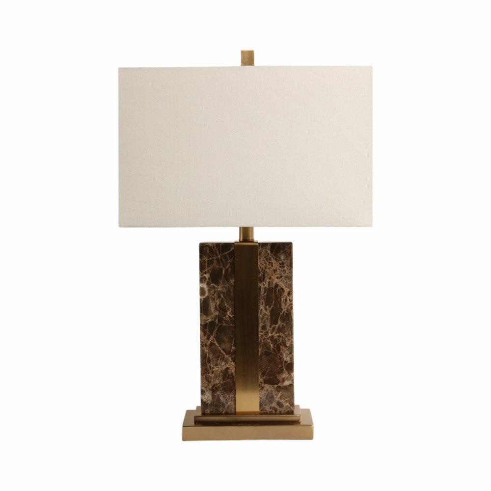 Table Lamp | Off White Linen Shade | Brown Marble| Brass Accent | 26"