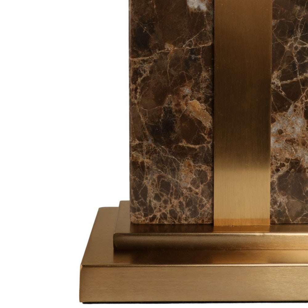 Table Lamp | Off White Linen Shade | Brown Marble| Brass Accent | 26"
