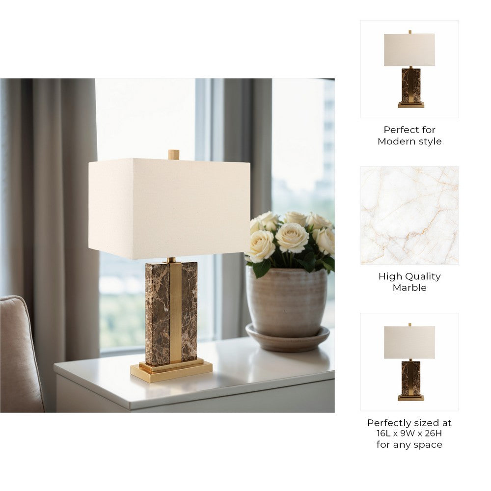 Table Lamp | Off White Linen Shade | Brown Marble| Brass Accent | 26"