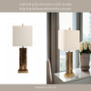 Table Lamp | Off White Linen Shade | Brown Marble| Brass Accent | 26"