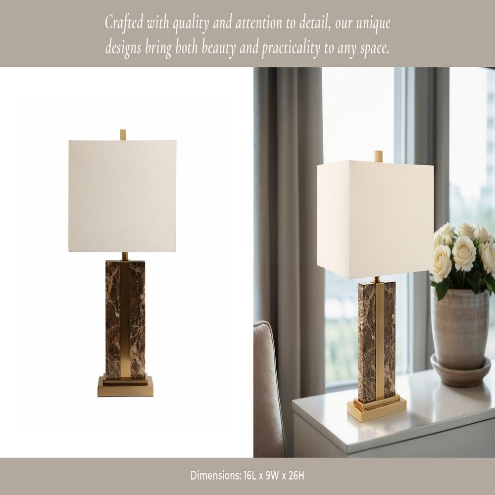 Table Lamp | Off White Linen Shade | Brown Marble| Brass Accent | 26"