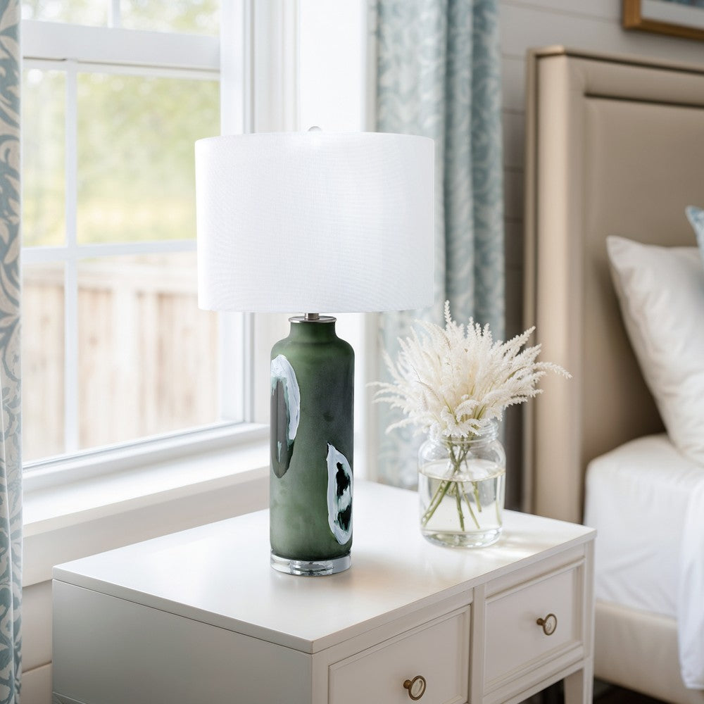 Cylinder Table Lamp | Green Glass with Abstract Artisan Markings | 16"