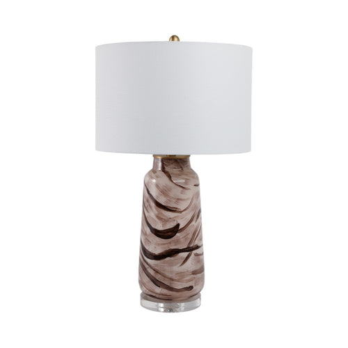 Table Lamp | Bottle Shape Glass Body with Brown Swirls | Drum Shade 29"