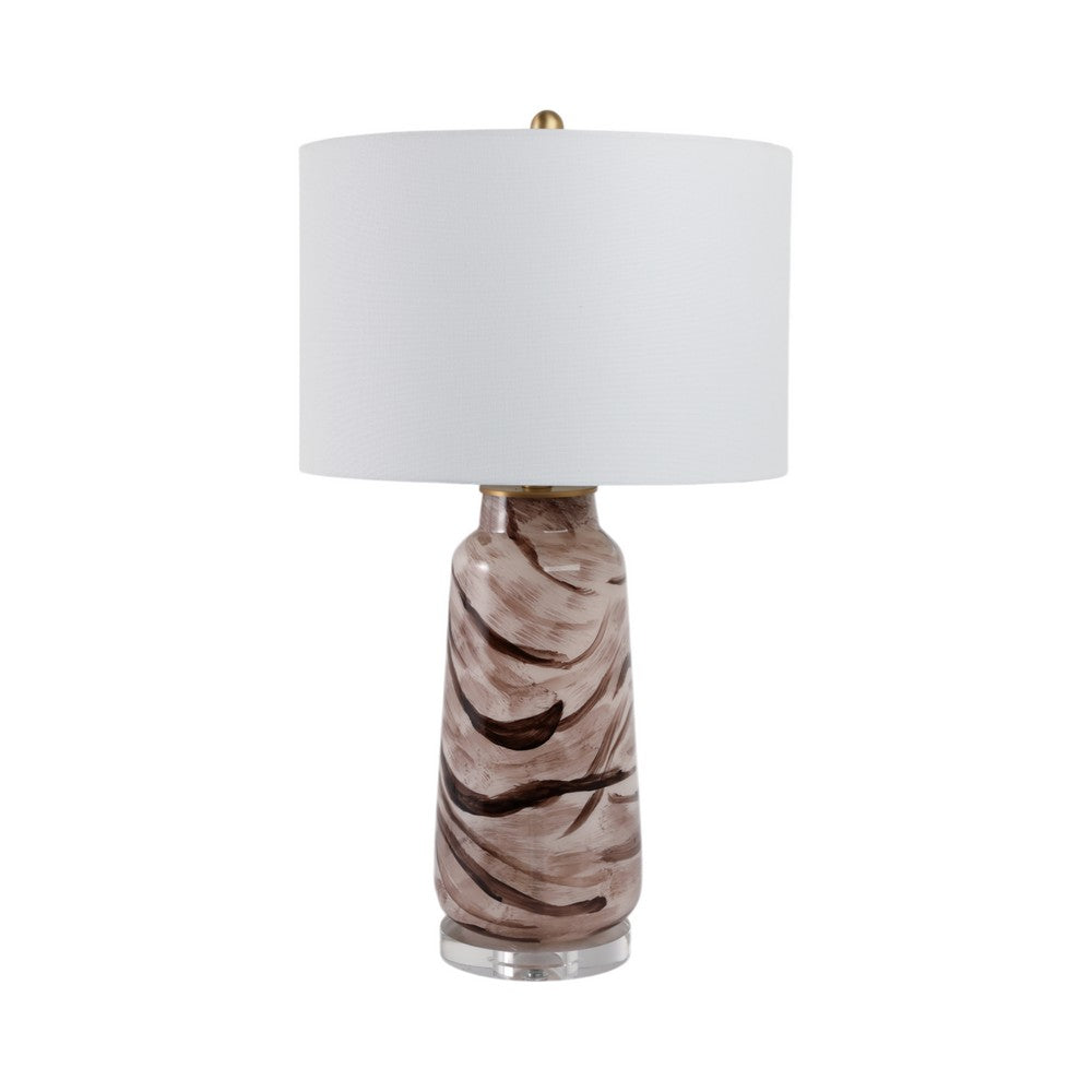 Table Lamp | Bottle Shape Glass Body with Brown Swirls | Drum Shade 29"