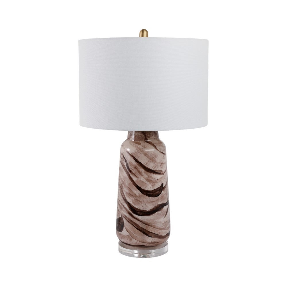Table Lamp | Bottle Shape Glass Body with Brown Swirls | Drum Shade 29"