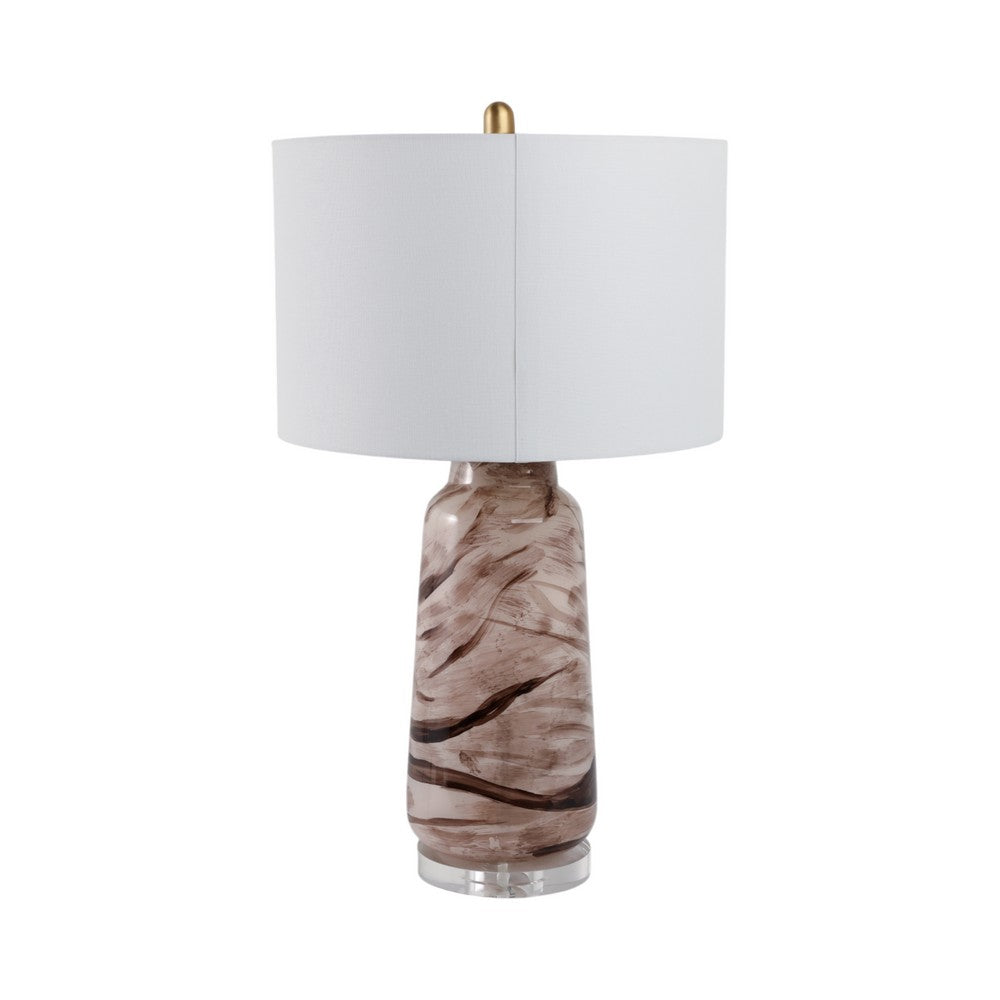 Table Lamp | Bottle Shape Glass Body with Brown Swirls | Drum Shade 29"