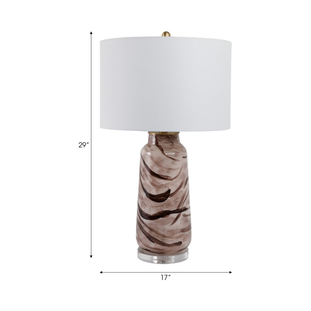 Table Lamp | Bottle Shape Glass Body with Brown Swirls | Drum Shade 29"