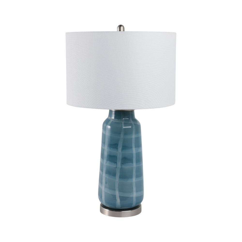 Table Lamp | 29" Blue Retro Checkered Glass Base | White Drum Shade