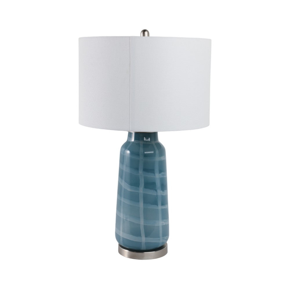 Table Lamp | 29" Blue Retro Checkered Glass Base | White Drum Shade