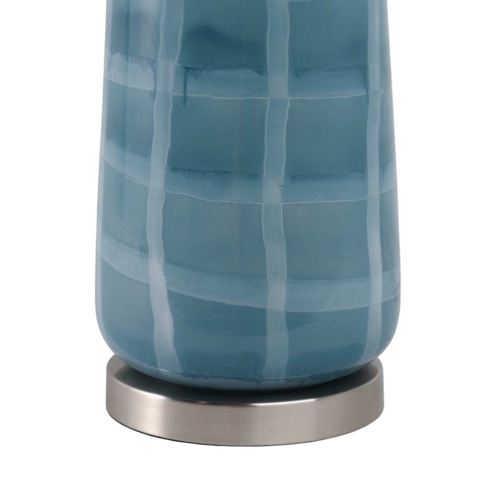 Table Lamp | 29" Blue Retro Checkered Glass Base | White Drum Shade
