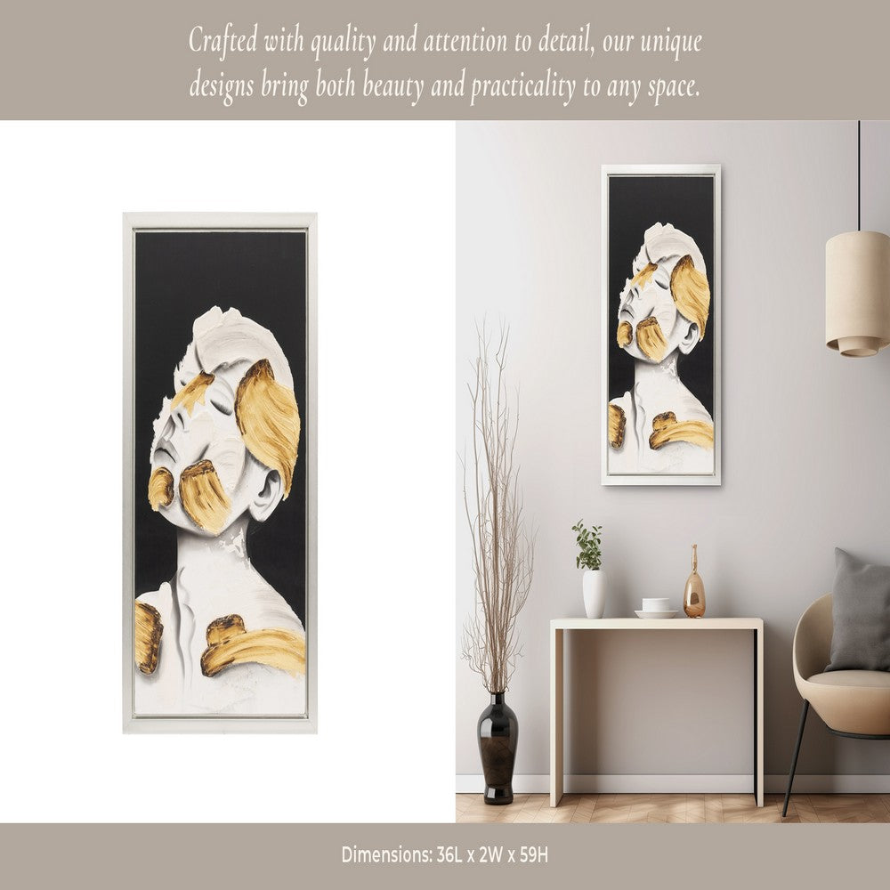 Deep Thought Abstract Face Wall Art | 36x59 White | Gold Stroke Accent