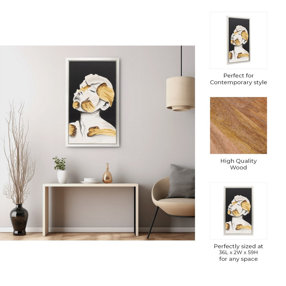Deep Thought Abstract Face Wall Art | 36x59 White | Gold Stroke Accent