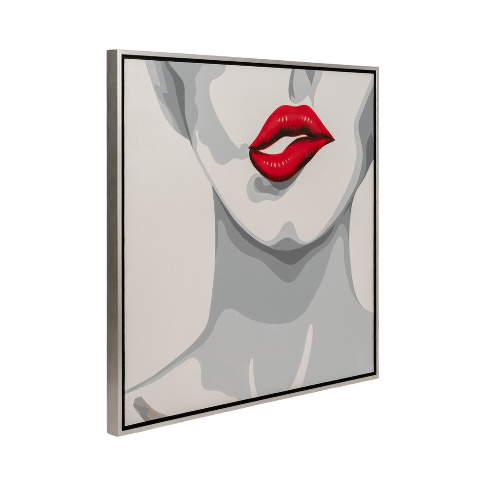 Hand Painted Framed Wall Art | Luxury Red Lips | White Canvas | 47"