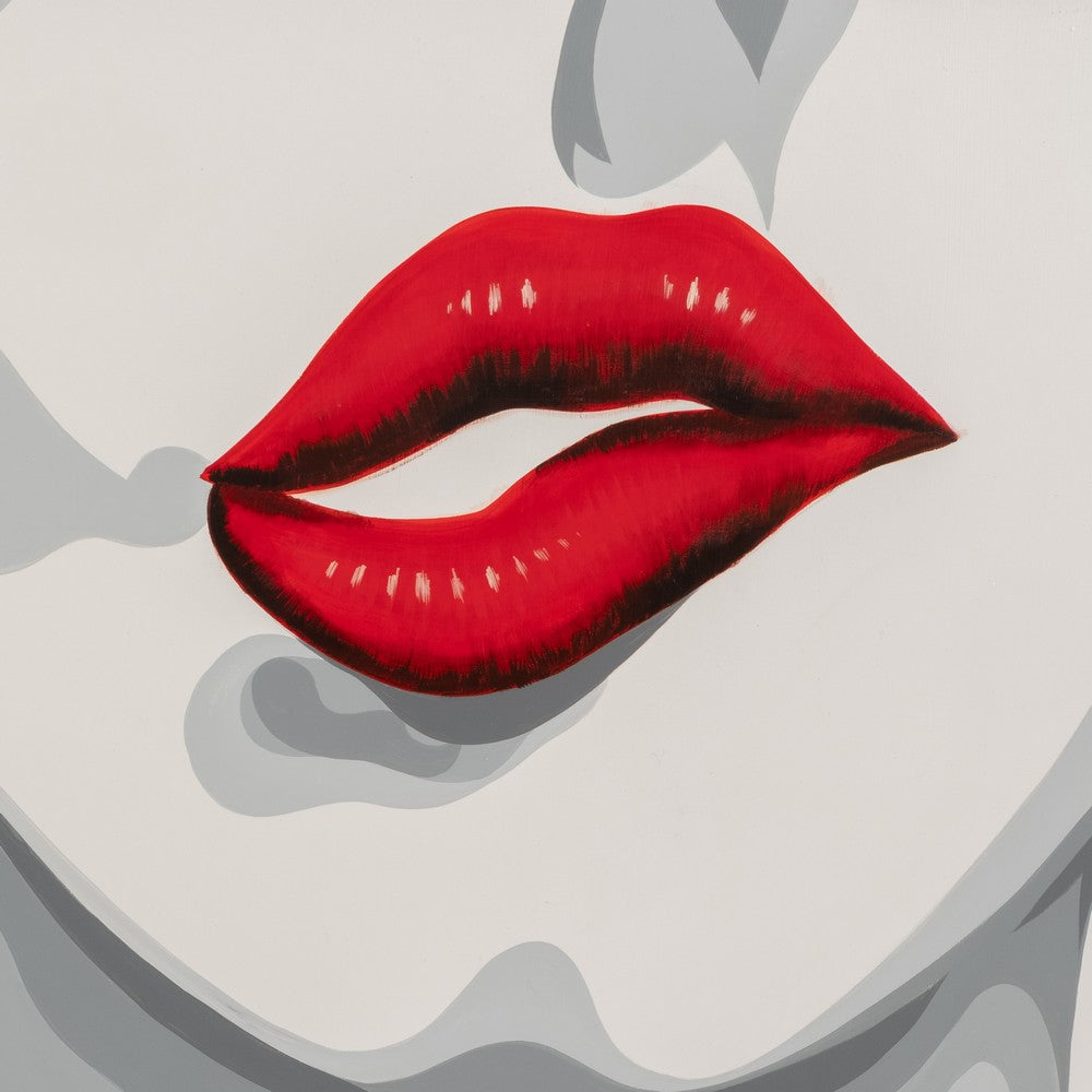 Hand Painted Framed Wall Art | Luxury Red Lips | White Canvas | 47"