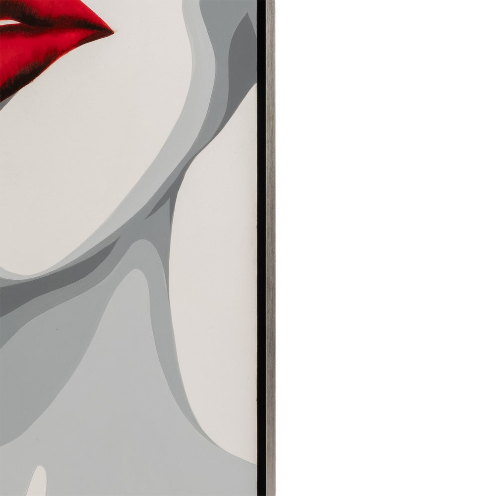 Hand Painted Framed Wall Art | Luxury Red Lips | White Canvas | 47"