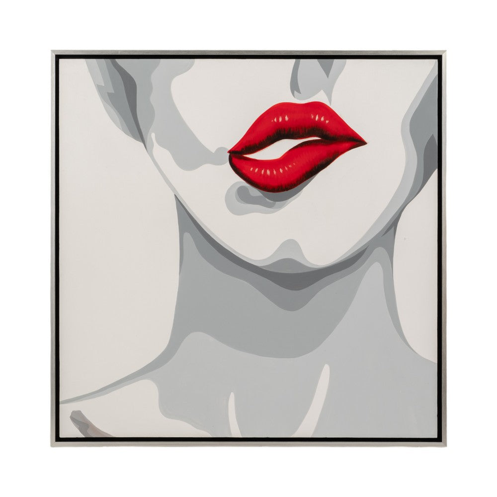Hand Painted Framed Wall Art | Luxury Red Lips | White Canvas | 47"