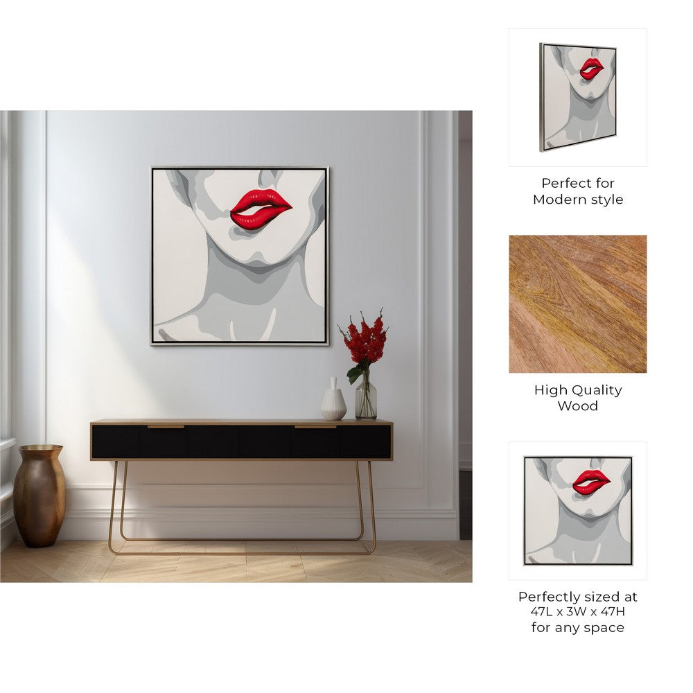 Hand Painted Framed Wall Art | Luxury Red Lips | White Canvas | 47"