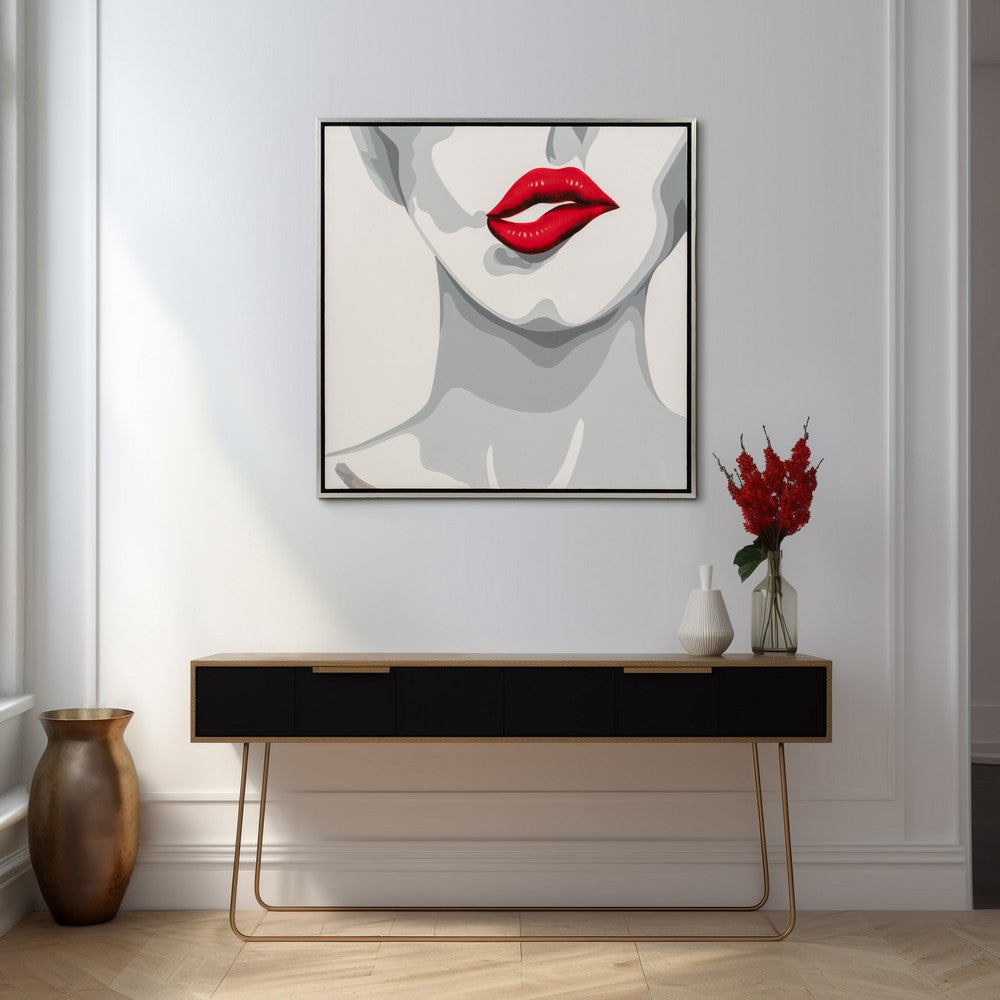 Hand Painted Framed Wall Art | Luxury Red Lips | White Canvas | 47"
