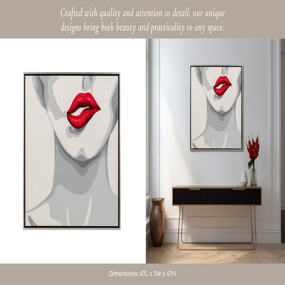 Hand Painted Framed Wall Art | Luxury Red Lips | White Canvas | 47"