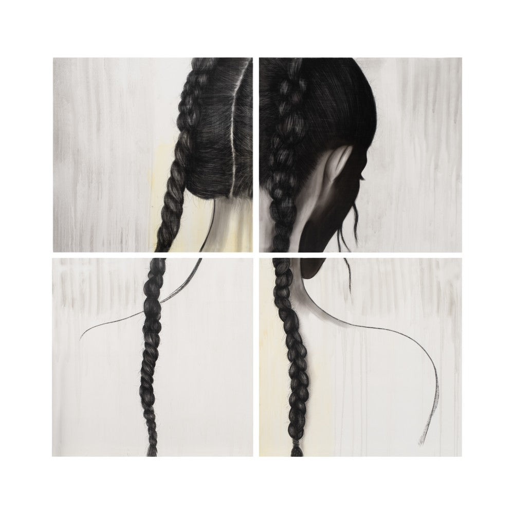 Karla Hand-Painted Girl Wall Art Set of 4 | Black Canvas | Wood 79"