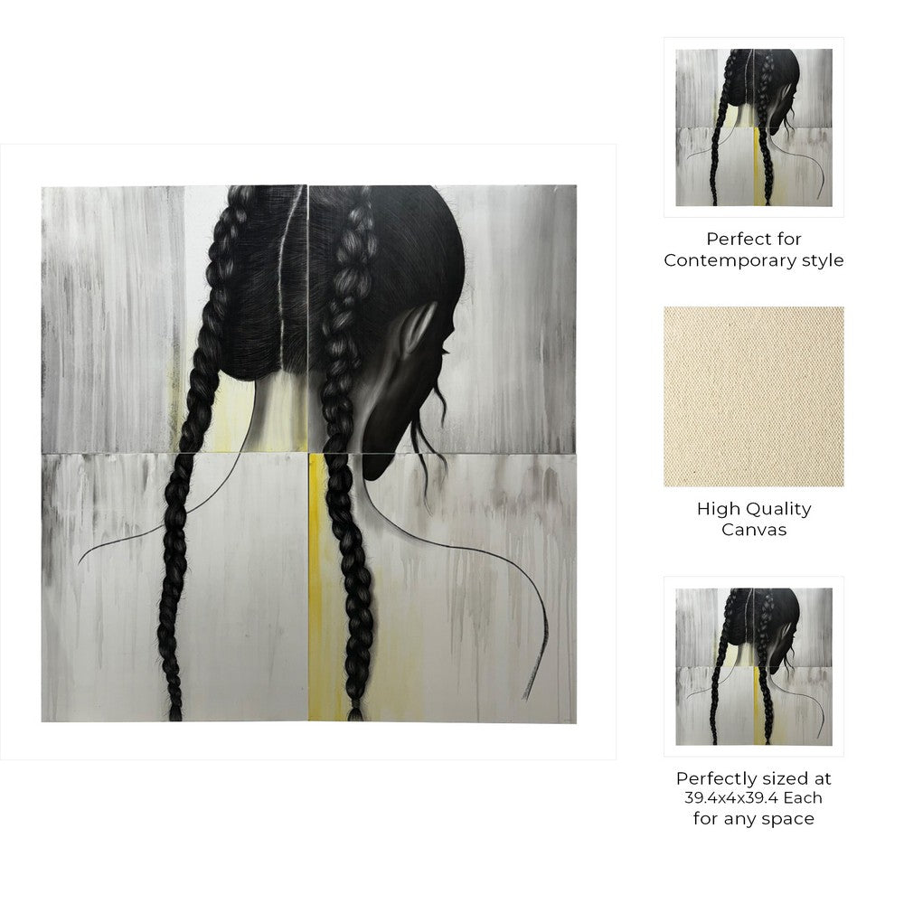 Karla Hand-Painted Girl Wall Art Set of 4 | Black Canvas | Wood 79"
