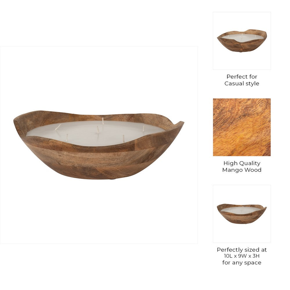 14oz Vanilla Scented Candle Bowl | Handcrafted Brown Wood 10"