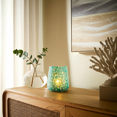 Scented Candle with Mosaic Pattern Holder | Blue & White Glass | Coastal