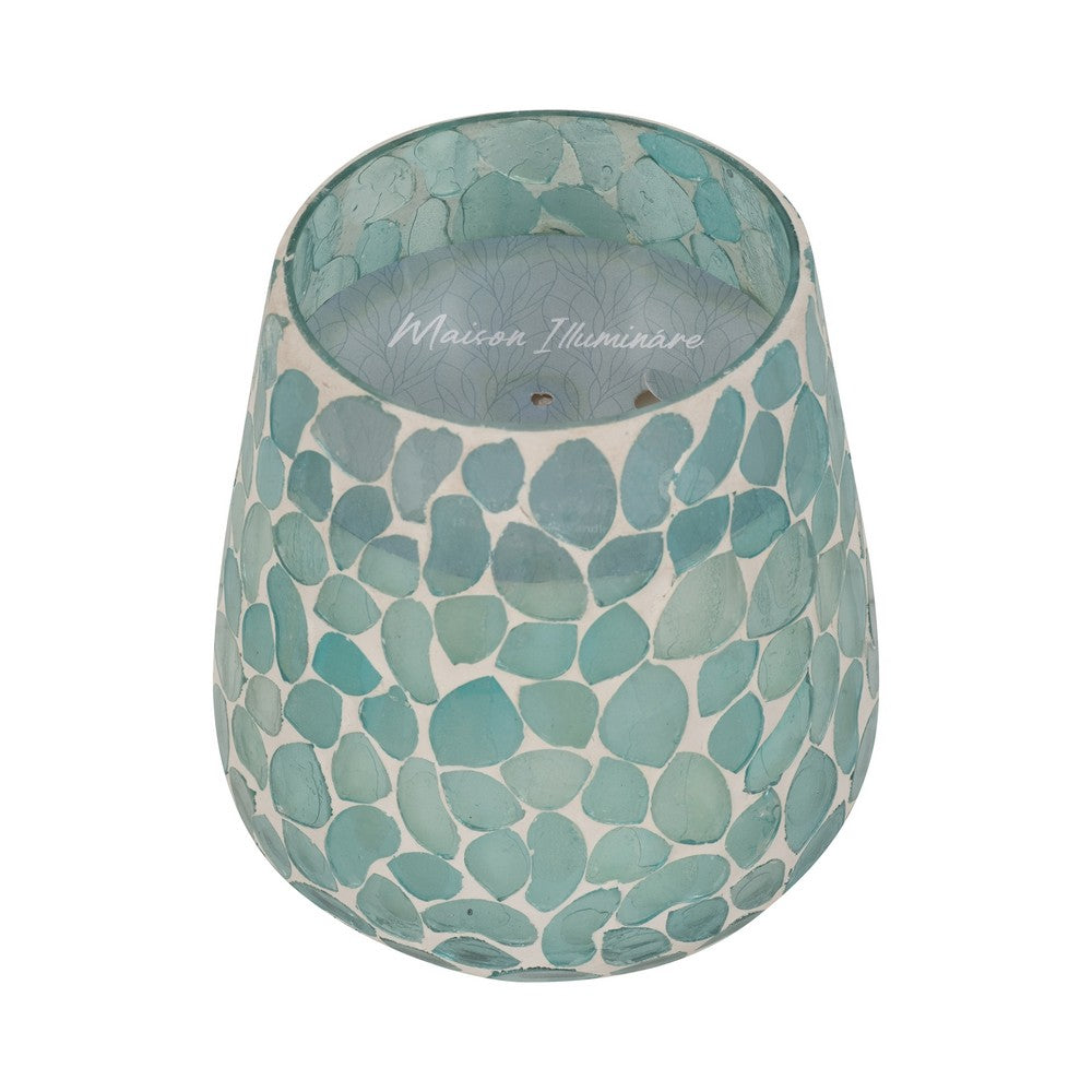 Scented Candle with Mosaic Pattern Holder | Blue & White Glass | Coastal