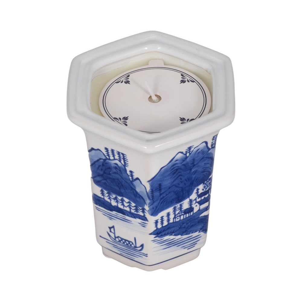 Nyx 6oz Sage Candle | Chinoiserie Landscape Motifs | Blue-White Ceramic