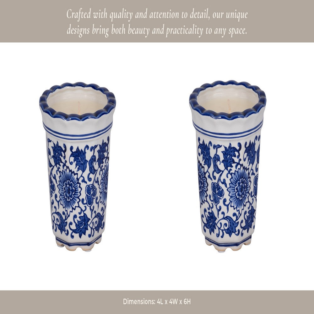 Tibi Fluted Chinoiserie Candle | 7oz Jasmine Scented | Blue-White Ceramic