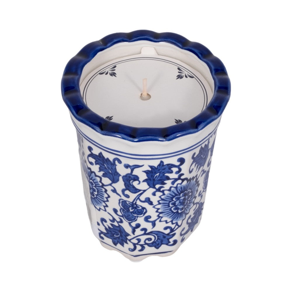 Tibi Fluted Chinoiserie Candle | 7oz Jasmine Scented | Blue-White Ceramic