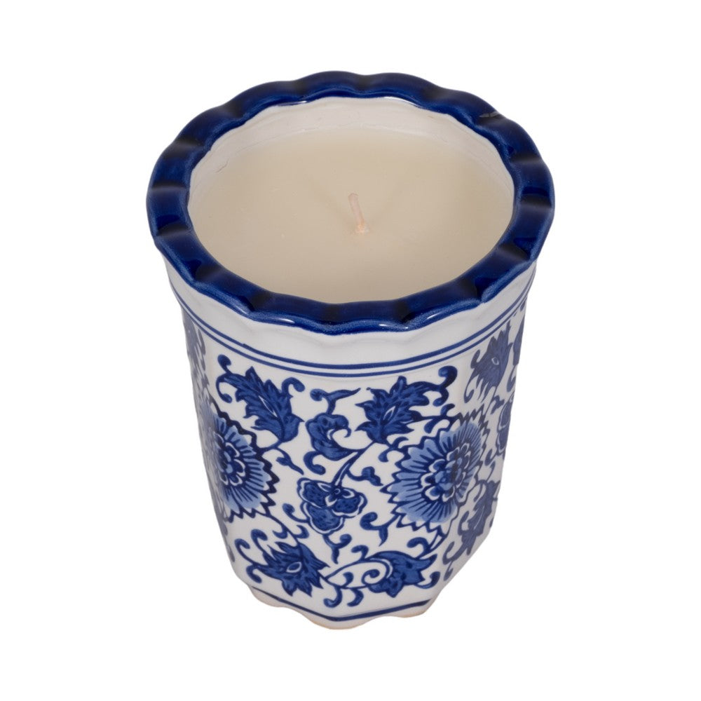 Tibi Fluted Chinoiserie Candle | 7oz Jasmine Scented | Blue-White Ceramic