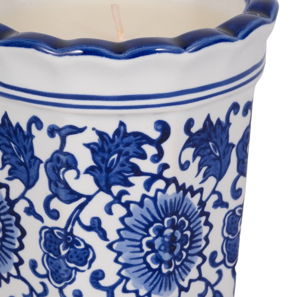Tibi Fluted Chinoiserie Candle | 7oz Jasmine Scented | Blue-White Ceramic