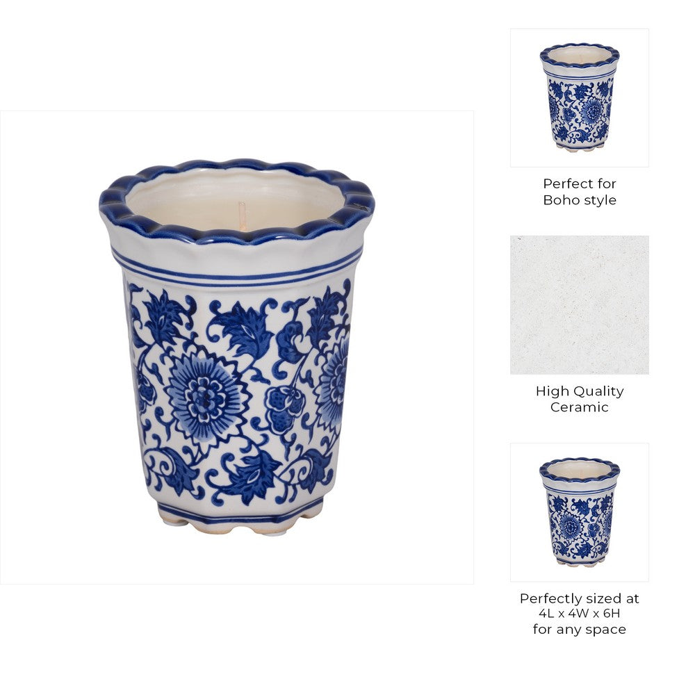 Tibi Fluted Chinoiserie Candle | 7oz Jasmine Scented | Blue-White Ceramic