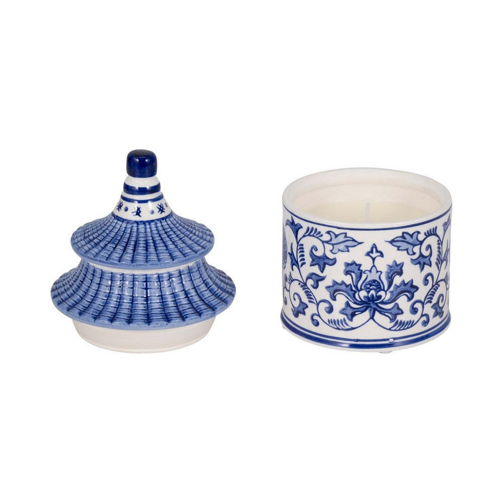 Chinoiserie Pagoda Candle | 9oz Plumeria Scent Blue & White Ceramic 7"