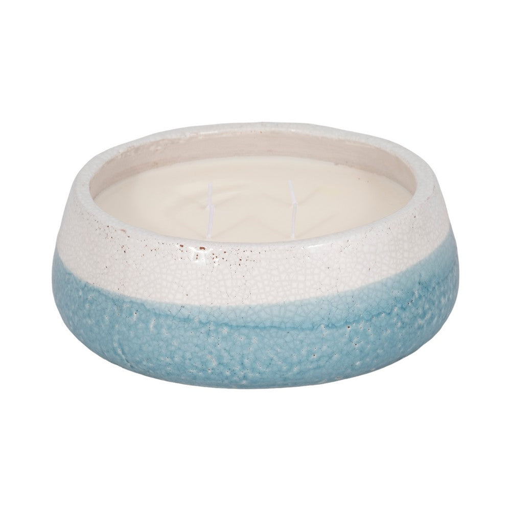 Multi Wick Candle | 10" Round Bowl Light Blue & White Coastal Terracotta
