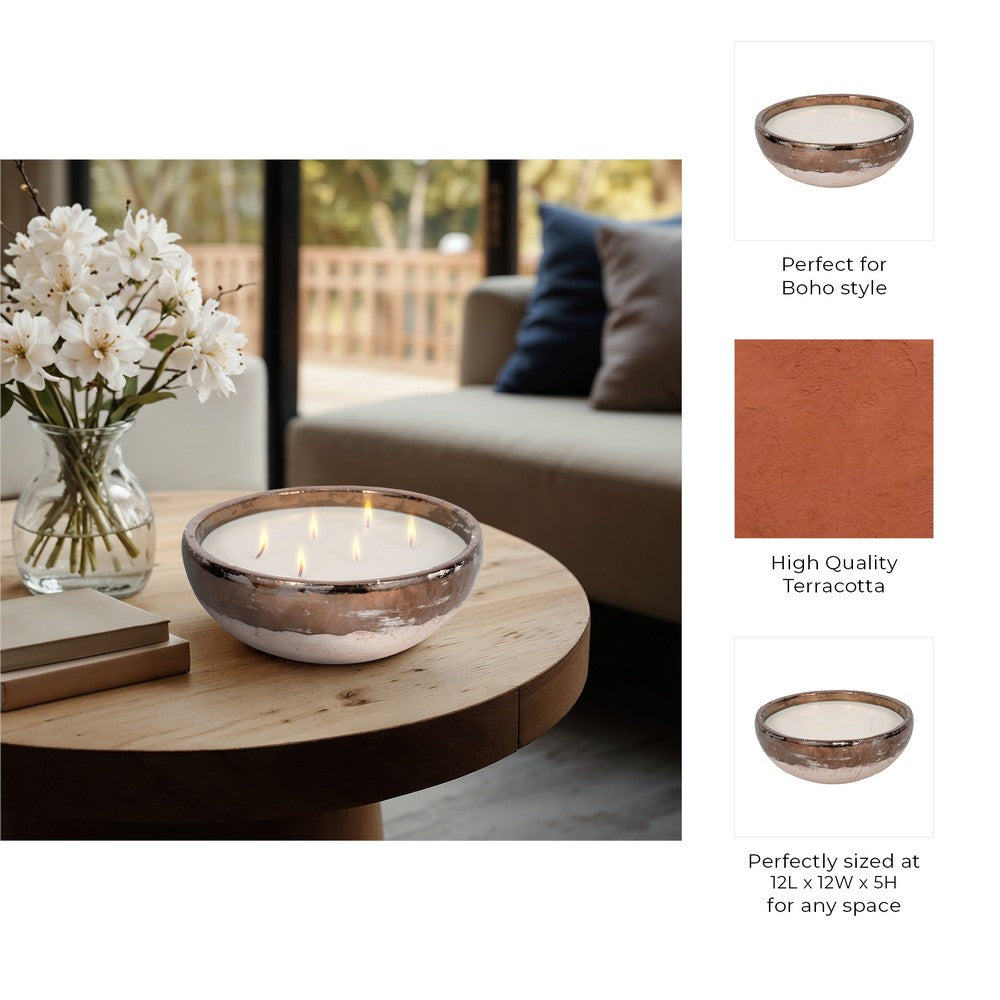 Pine Scented Bowl Candle | Handcrafted Gold & Gray Terracotta 12"