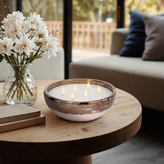 Pine Scented Bowl Candle | Handcrafted Gold & Gray Terracotta 12"