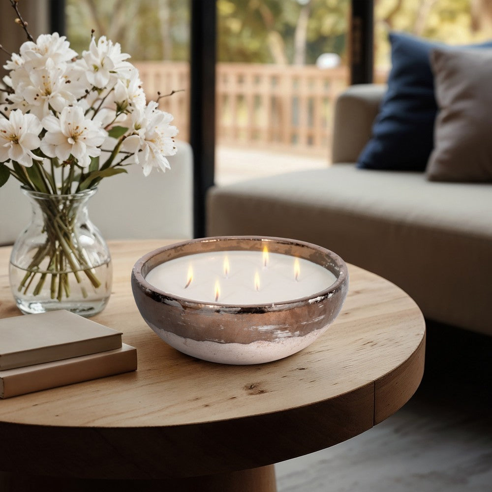 Pine Scented Bowl Candle | Handcrafted Gold & Gray Terracotta 12"