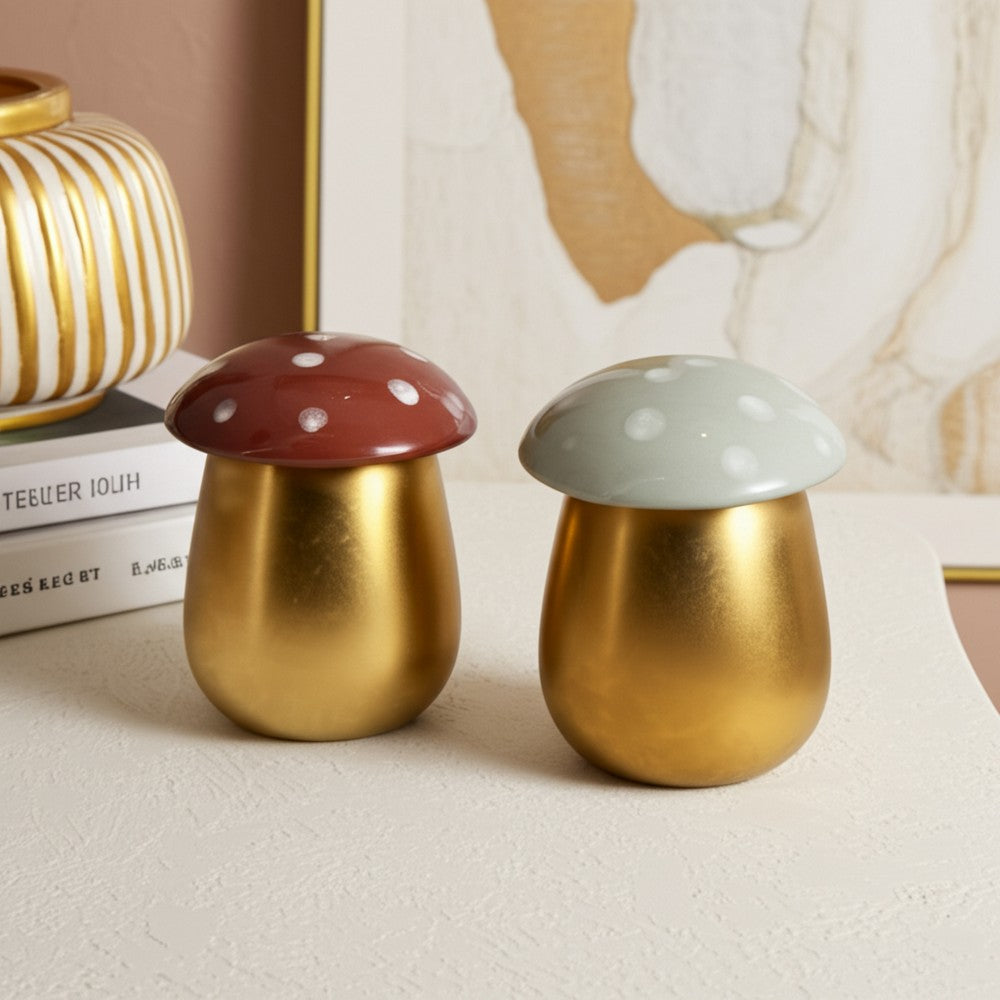Mushroom Shape Candle Set of 2 | Gold Base with Brown & Ivory Tops