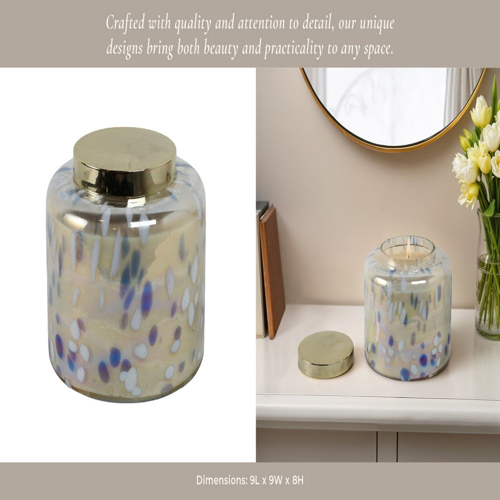 Rhea Jasmine Scented Candle with Lid | Gold-Blue Speckled Glass 9"