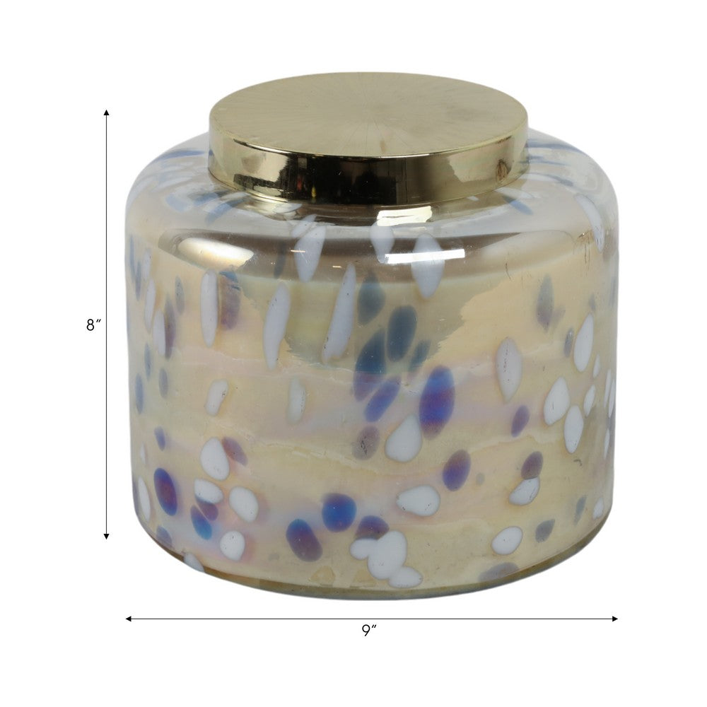 Rhea Jasmine Scented Candle with Lid | Gold-Blue Speckled Glass 9"