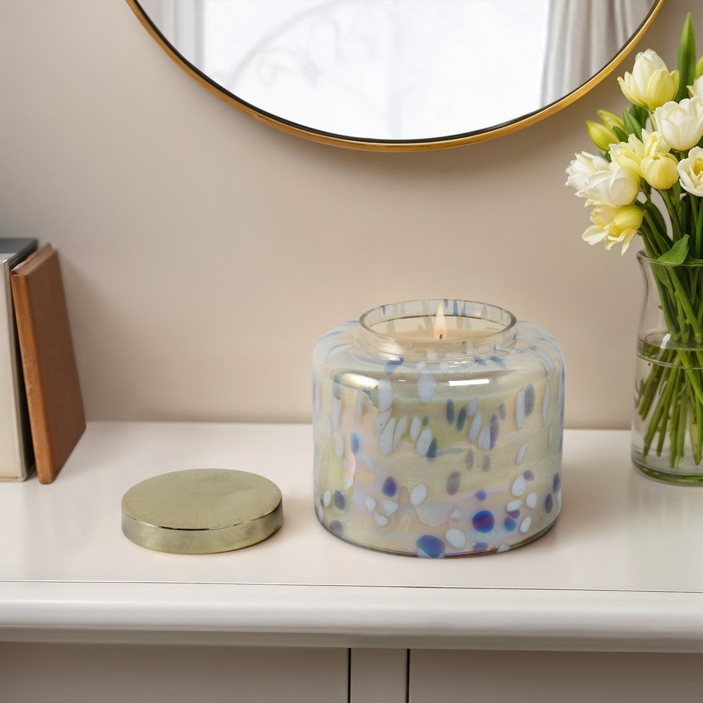 Rhea Jasmine Scented Candle with Lid | Gold-Blue Speckled Glass 9"