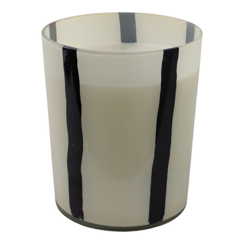 Ochs Candle | 105oz Red-Currant Oak | Black Striped Design 9" White Glass