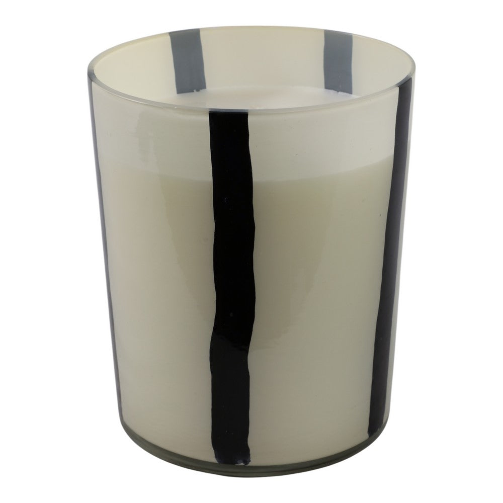 Ochs Candle | 105oz Red-Currant Oak | Black Striped Design 9" White Glass